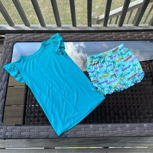 Posh Peanut Teal Ruffle Sleeve Top and Tropical Print Shorts Set Size 5T